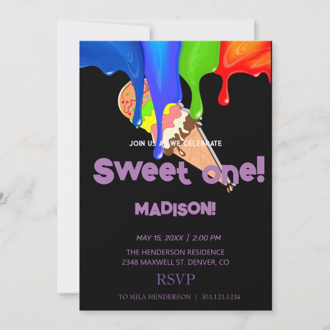 Sweet ICE CREAM rainbow colors,  Invitation (Front)