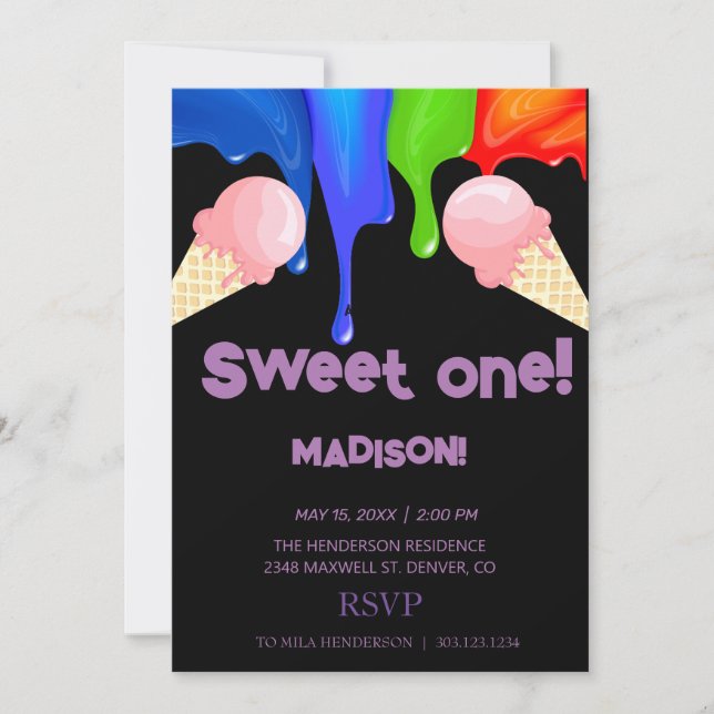 Sweet ICE CREAM rainbow colors,  Invitation (Front)