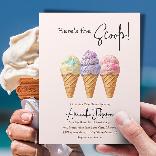 Sweet Ice Cream Summer Here Scoop Baby Shower Invitation