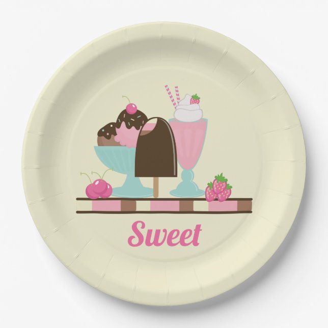 Sweet Ice Cream Sundae & Strawberry Float Paper Plates (Front)