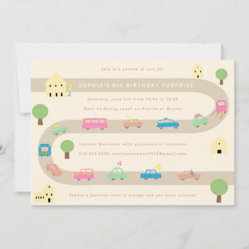 Sweet Illustrated Car Birthday Parade Invitation