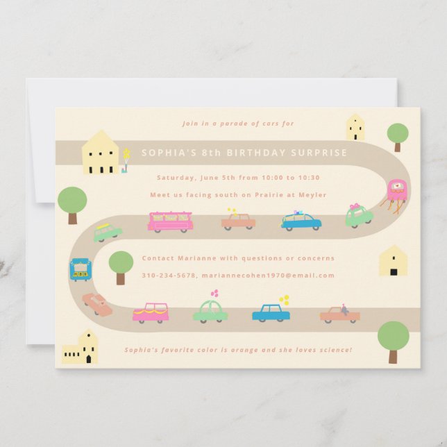 Sweet Illustrated Car Birthday Parade Invitation (Front)