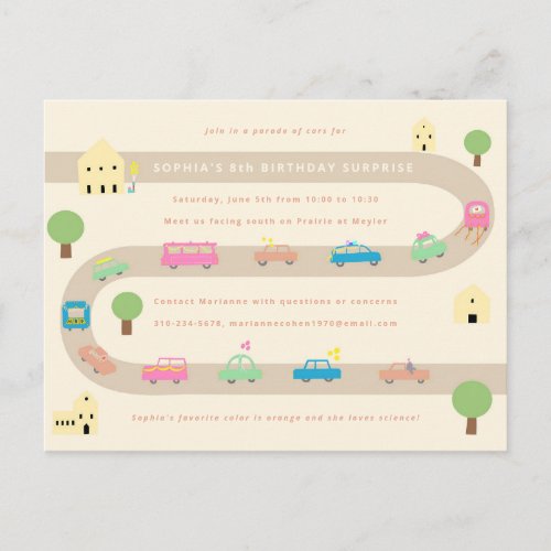 Sweet Illustrated Car Birthday Parade Invitation Postcard