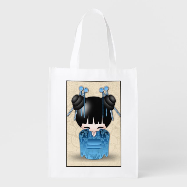 Sweet Japanese Kokeshi Doll Dressed In Fancy Blue Grocery Bag (Front)
