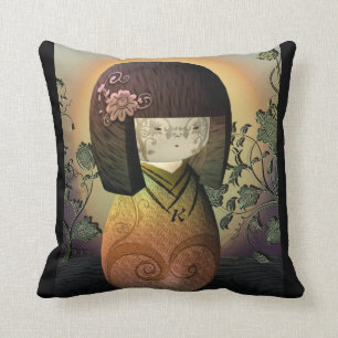 Sweet Japanese Kokeshi Doll Personalized Monogram Throw Pillow
