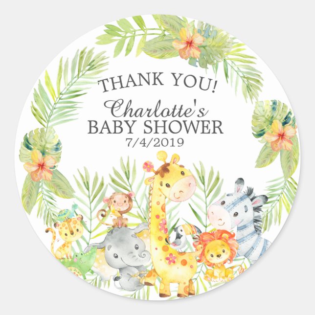 Sweet Jungle Animals Baby Shower Thank You Favor Classic Round Sticker (Front)