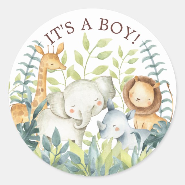 Sweet Jungle Animals It' a Boy Favor Sticker (Front)