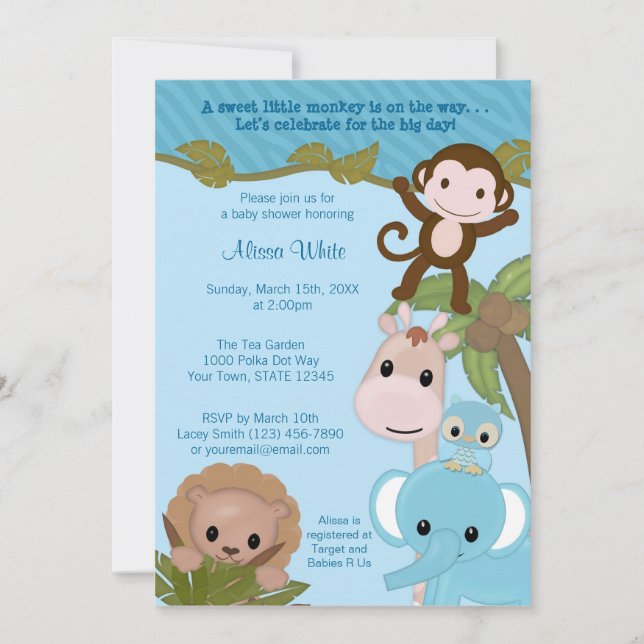 Sweet Jungle Babies Baby Shower Invitation blue (Front)