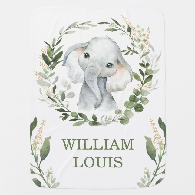 Sweet Jungle Elephant Greenery Gold Nursery Baby Blanket (Front)
