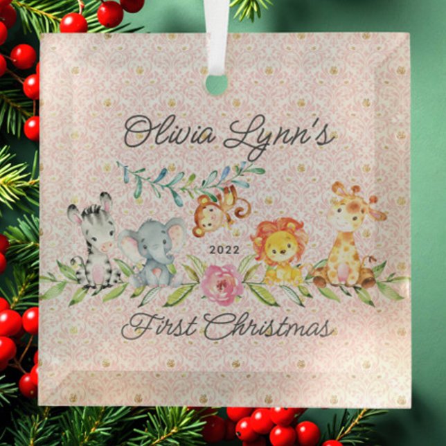 Sweet Jungle Photo Baby's First Christmas Glass Ornament (Creator Uploaded)