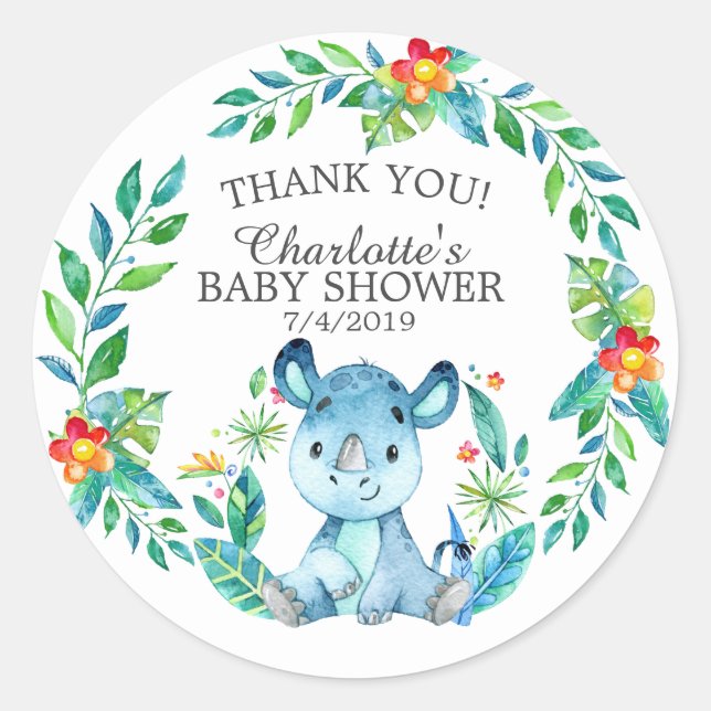 Sweet Jungle Rhino Baby Shower Thank You Favor Classic Round Sticker (Front)