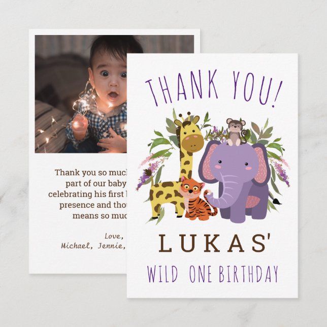 Sweet Jungle Safari Animal 1st Birthday Party Thank You Card (Front/Back)