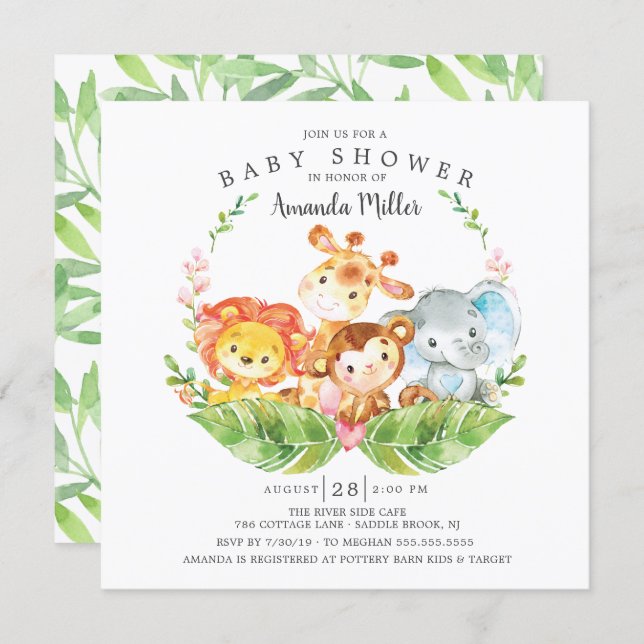 Sweet Jungle Safari Animals Boys Baby Shower Invitation (Front/Back)