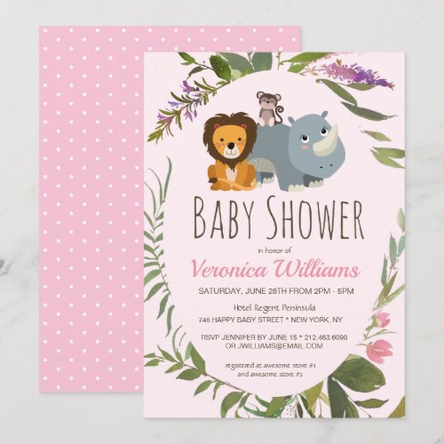 Sweet Jungle Safari Animals Pink Girl Baby Shower Invitation