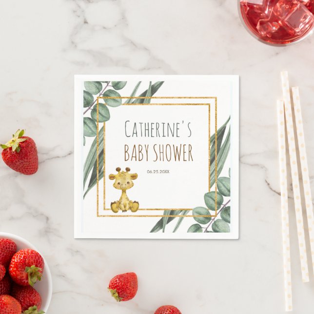 Sweet Jungle Safari Giraffe Botanical Baby Shower Napkins (Insitu)