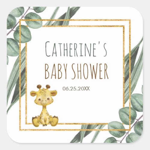 Sweet Jungle Safari Giraffe Botanical Baby Shower Square Sticker