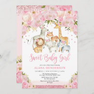 Sweet Jungle Safari Wild Animals Girl Baby Shower Invitation