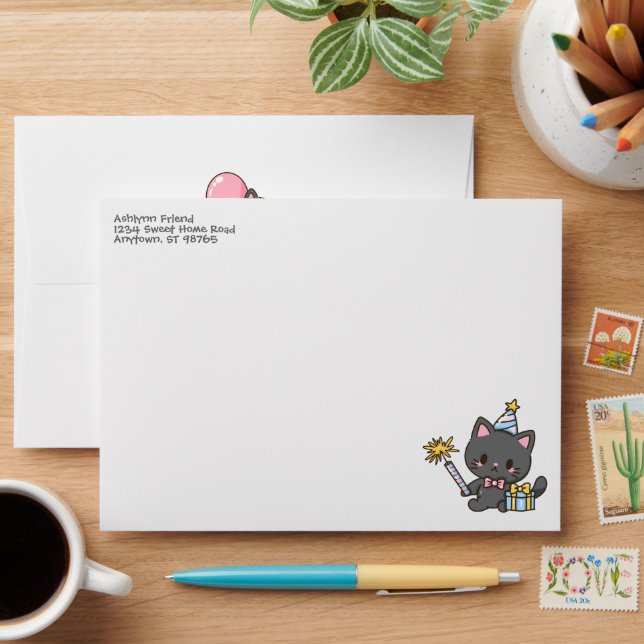 Sweet Kawaii Black Cat Birthday Party Envelope (Desk)