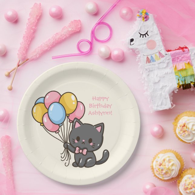 Sweet Kawaii Black Cat Birthday Party Paper Plates (Party)