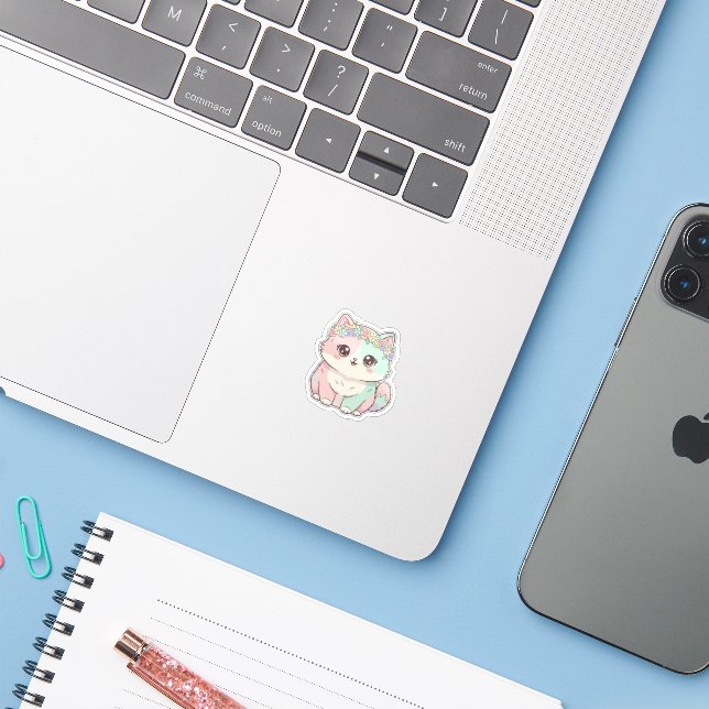 Sweet Kawaii Cat with Flower Crown Sticker (Laptop w/ iPhone)