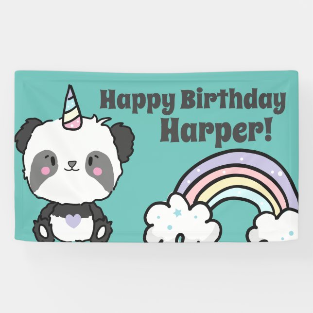 Sweet Kawaii Panda Unicorn Rainbow Birthday  Banner (Horizontal)