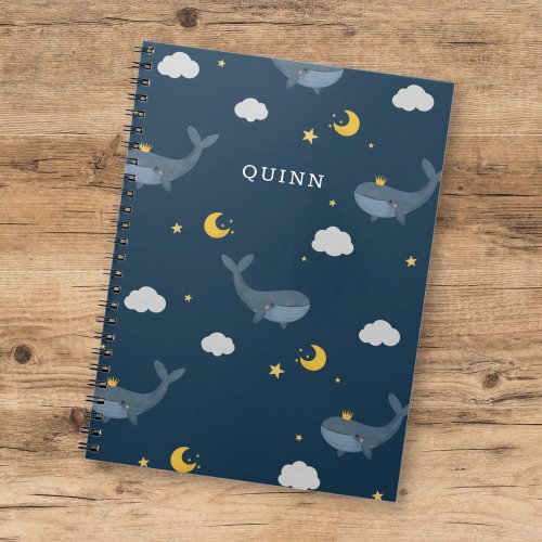 Sweet Kids Night Sky Whale Clouds Moon w Name Notebook