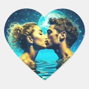 Sweet Kiss Under the Moon in the Calm Ocean Heart Sticker