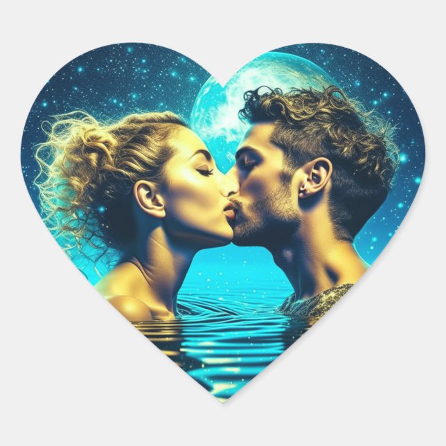 Sweet Kiss Under the Moon in the Calm Ocean Heart Sticker (Front)