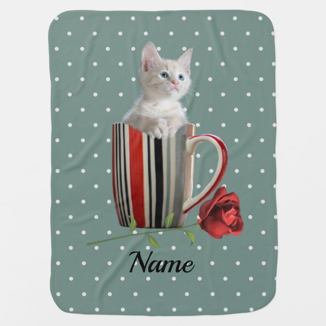 Sweet Kitten and Red Rose Polka Dot Pattern  Baby Blanket (Front)