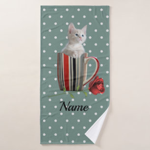 Sweet Kitten and Red Rose Polka Dot Pattern  Bath Towel Set