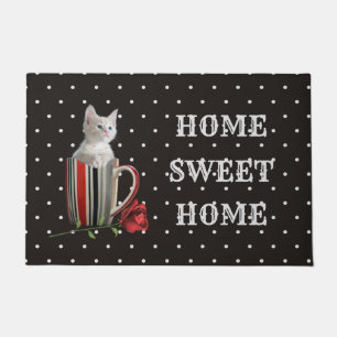 Sweet Kitten and Red Rose Polka Dot Pattern  Doormat