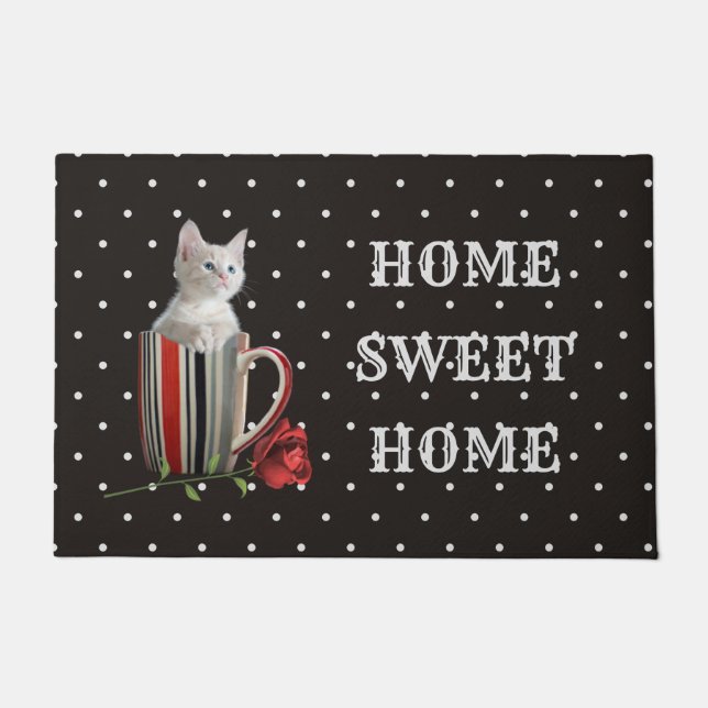 Sweet Kitten and Red Rose Polka Dot Pattern  Doormat (Front)