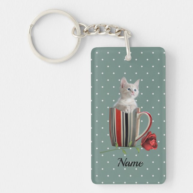 Sweet Kitten and Red Rose Polka Dot Pattern  Keychain (Front)