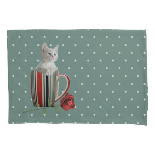 Sweet Kitten and Red Rose Polka Dot Pattern Pillow Case