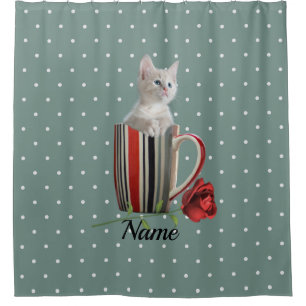 Sweet Kitten and Red Rose Polka Dot Pattern  Shower Curtain
