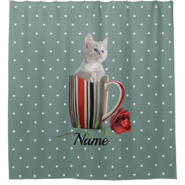 Sweet Kitten and Red Rose Polka Dot Pattern  Shower Curtain (Front)