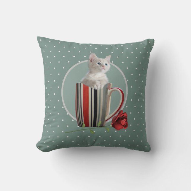Sweet Kitten and Red Rose Polka Dot Pattern  Throw Pillow (Front)