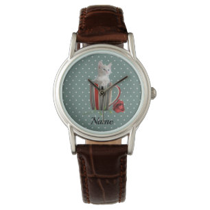 Sweet Kitten and Red Rose Polka Dot Pattern  Watch