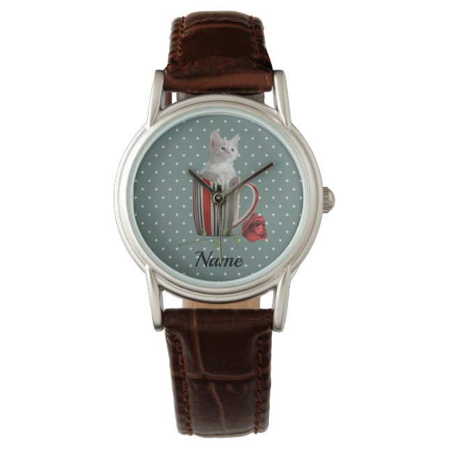Sweet Kitten and Red Rose Polka Dot Pattern  Watch (Front)