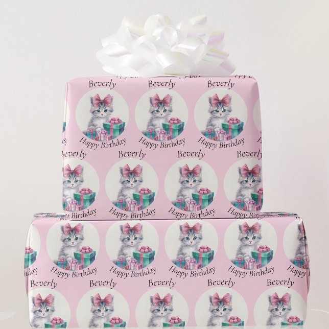 Sweet Kitten Big Pink Bow Add Birthday Name Wrapping Paper (Creator Uploaded)
