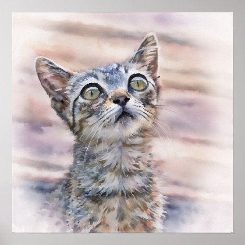 Sweet Kitten Looking Up Watercolor Style Art Poster