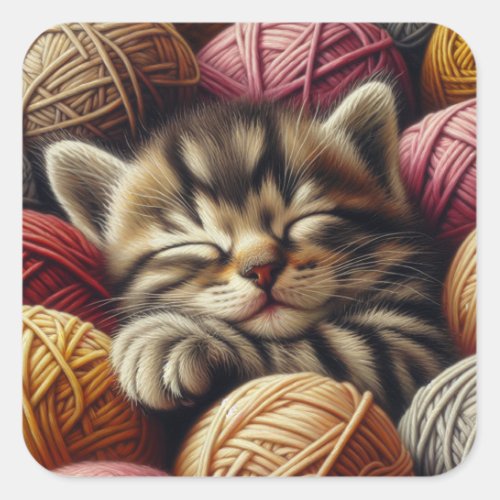 Sweet Kitten Sleeping in Yarn Adorable Square Sticker