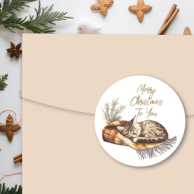 Sweet Kitten Sleeping on Warm Blanket Christmas Classic Round Sticker (Creator Uploaded)