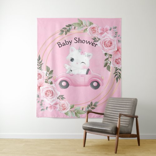 Sweet Kitten Vintage Car Pink Baby Shower Backdrop