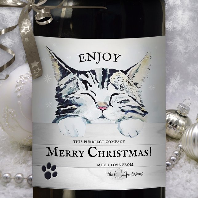 Sweet Kitten Winter Christmas Wine Label (Christmas wine label featuring a cute kitten in bliss, with tiny snowflakes - for cat lovers)