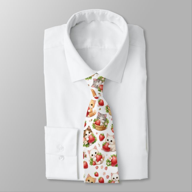 Sweet Kittens and Strawberries  Neck Tie (Tied)