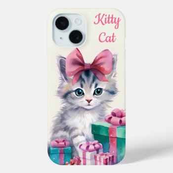 Sweet Kitty Cat Big Pink Bow Iphone 15 Case by Frasure_Studios at Zazzle