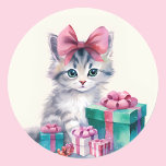 Sweet Kitty Cat Big Pink Bow Classic Round Sticker at Zazzle