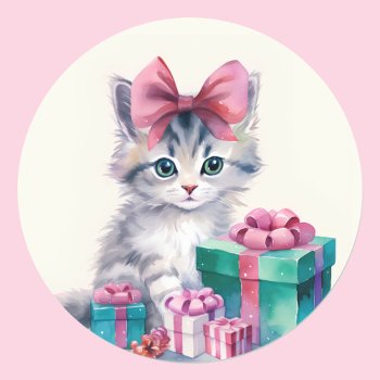 Sweet Kitty Cat Big Pink Bow Classic Round Sticker by Frasure_Studios at Zazzle