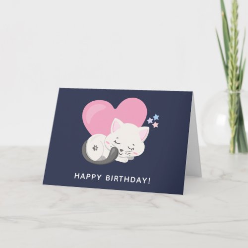 Sweet Kitty Cat Sleeping with a Big Heart Birthday Card